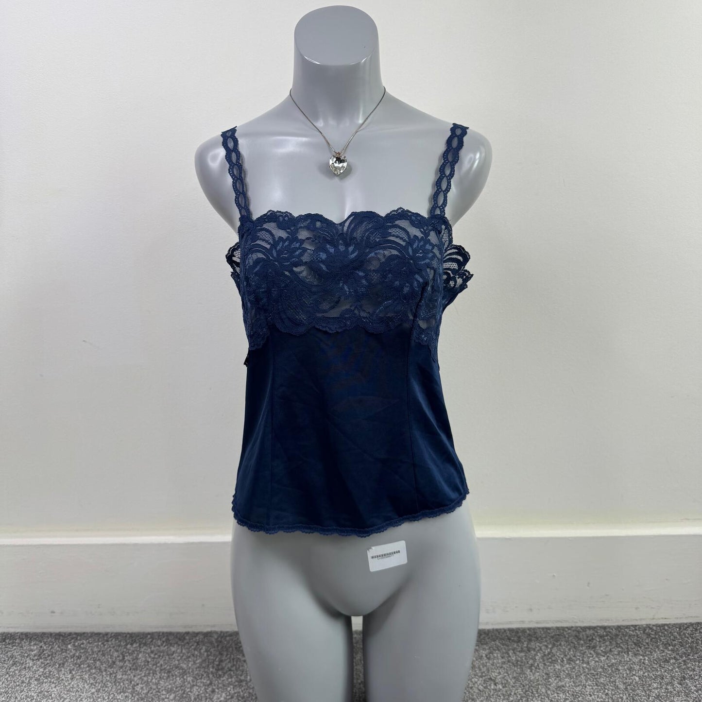 Vintage cami top lace trim strappy navy blue sheer scallop hem square neck