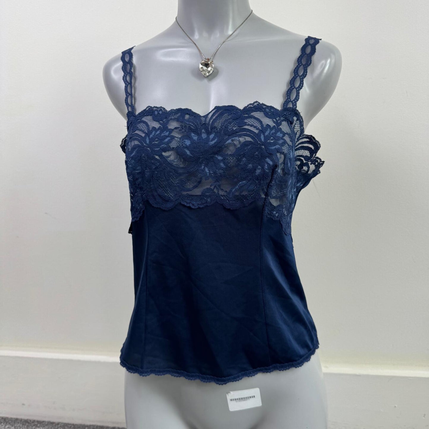 Vintage cami top lace trim strappy navy blue sheer scallop hem square neck