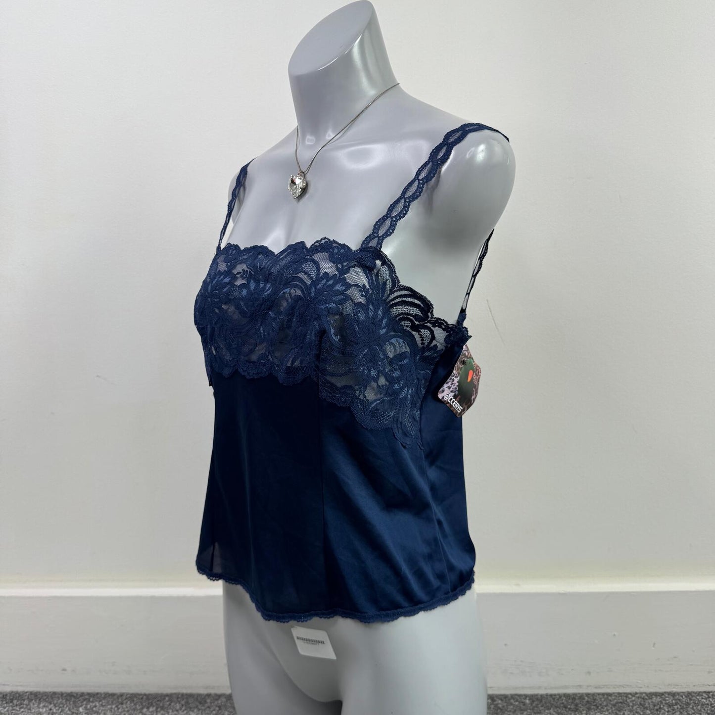 Vintage cami top lace trim strappy navy blue sheer scallop hem square neck
