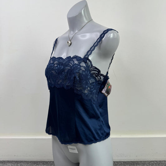 Vintage cami top lace trim strappy navy blue sheer scallop hem square neck