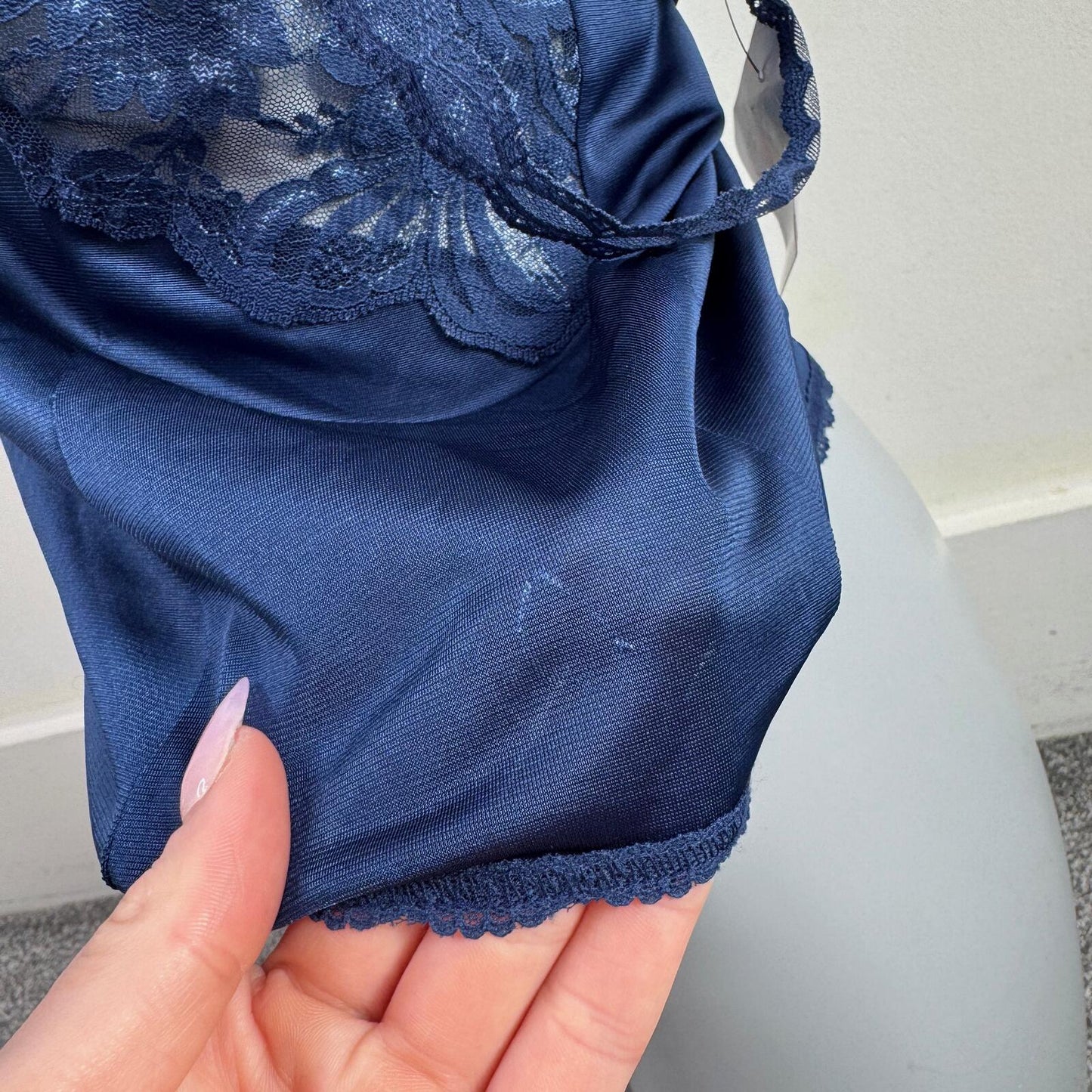 Vintage cami top lace trim strappy navy blue sheer scallop hem square neck