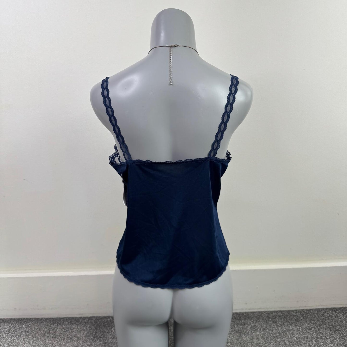 Vintage cami top lace trim strappy navy blue sheer scallop hem square neck