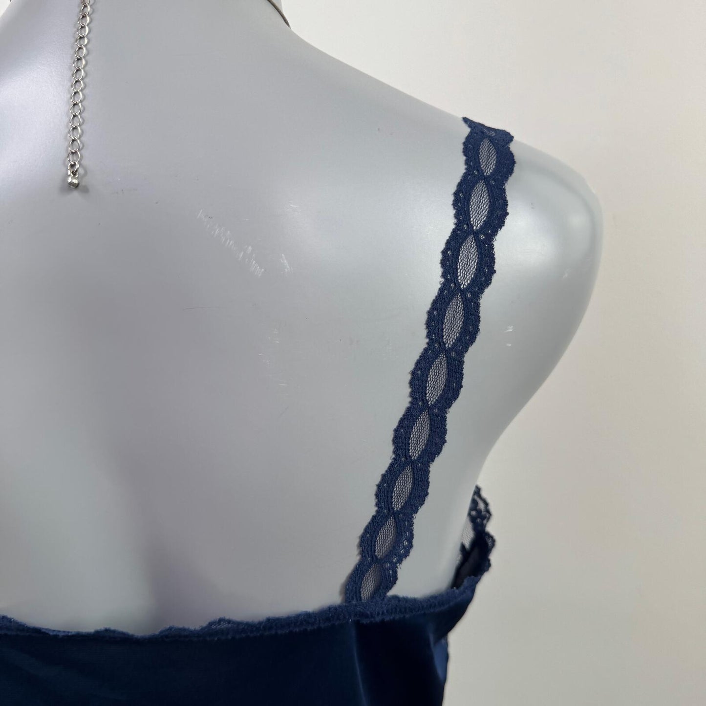 Vintage cami top lace trim strappy navy blue sheer scallop hem square neck