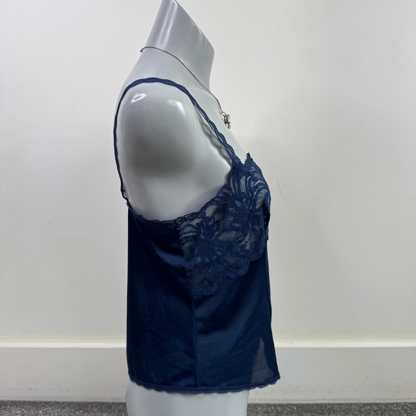 Vintage cami top lace trim strappy navy blue sheer scallop hem square neck
