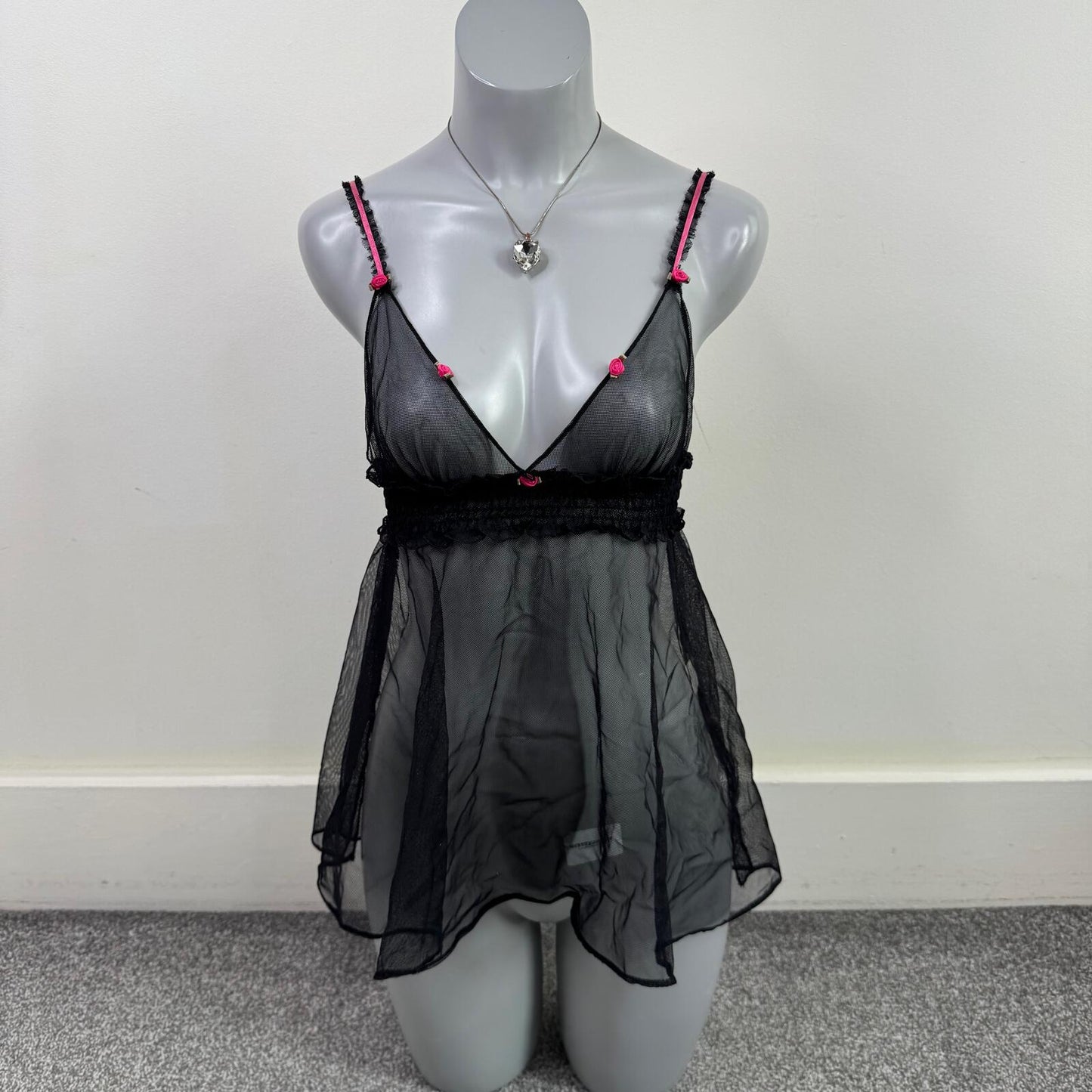 Y2K vintage babydoll top sheer mesh flowy floral rose deep v neck stretchy