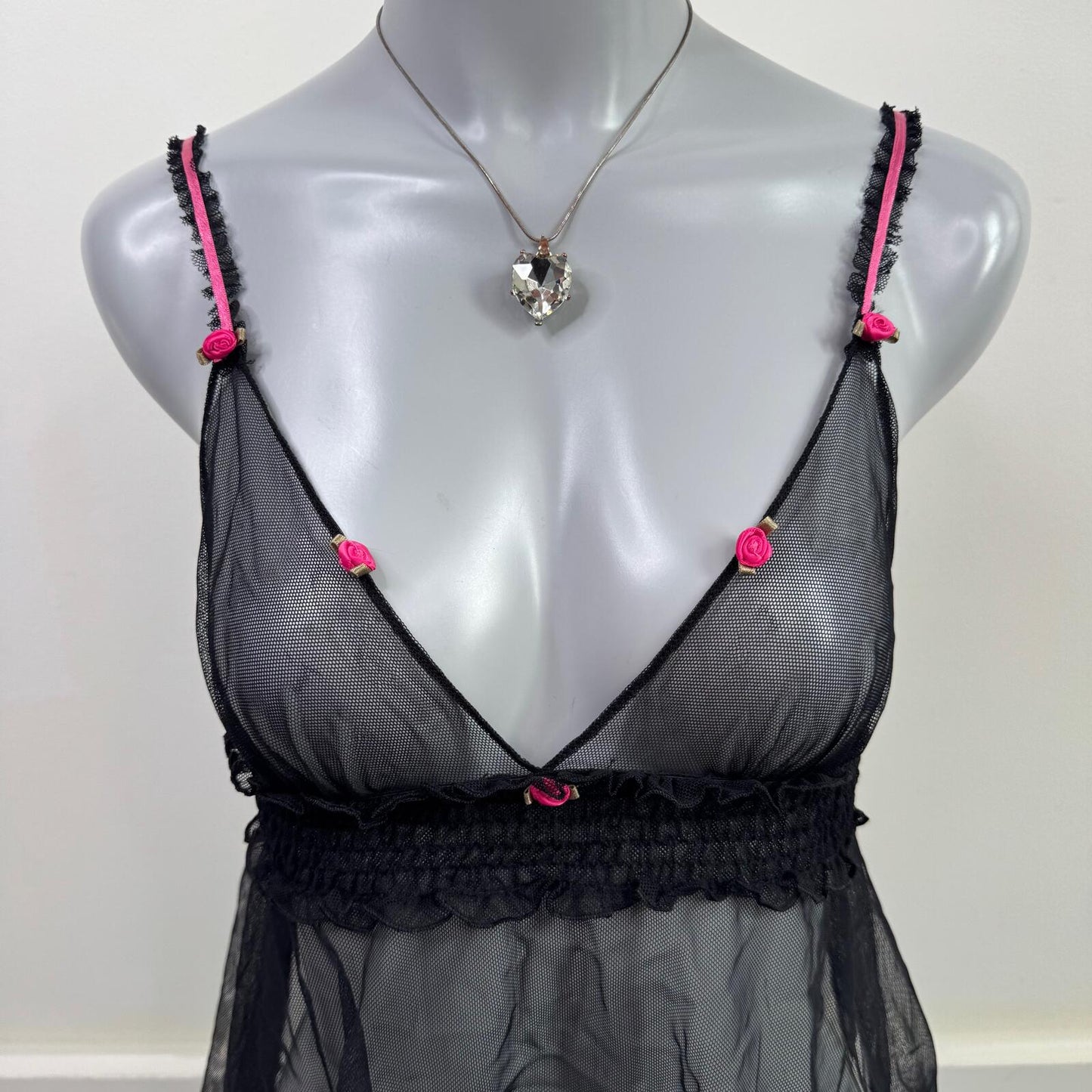 Y2K vintage babydoll top sheer mesh flowy floral rose deep v neck stretchy