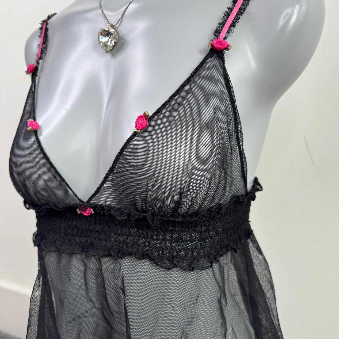 Y2K vintage babydoll top sheer mesh flowy floral rose deep v neck stretchy