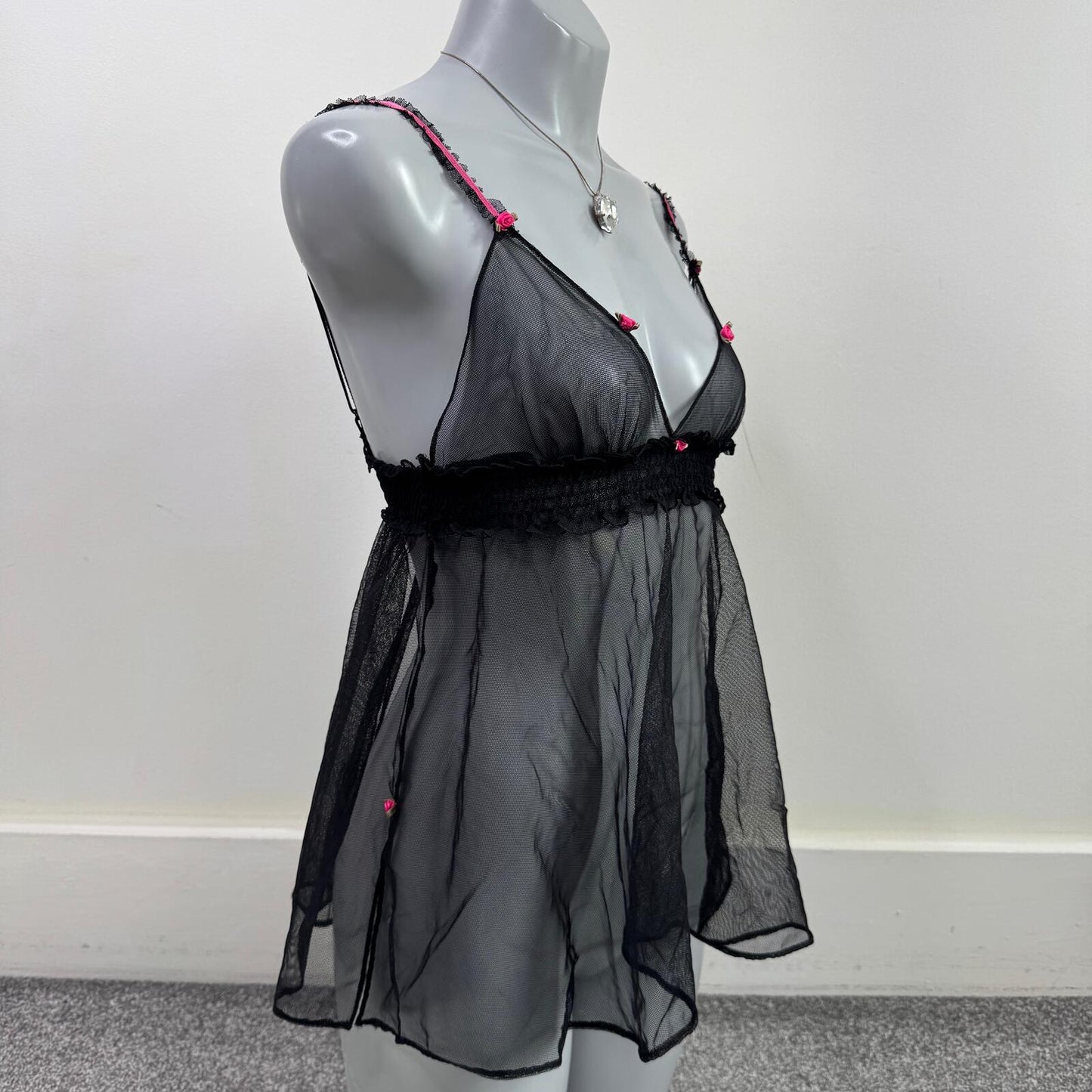 Y2K vintage babydoll top sheer mesh flowy floral rose deep v neck stretchy