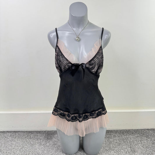 Y2K vintage top lace pleated hem frilly bow black baby pink strappy babydoll