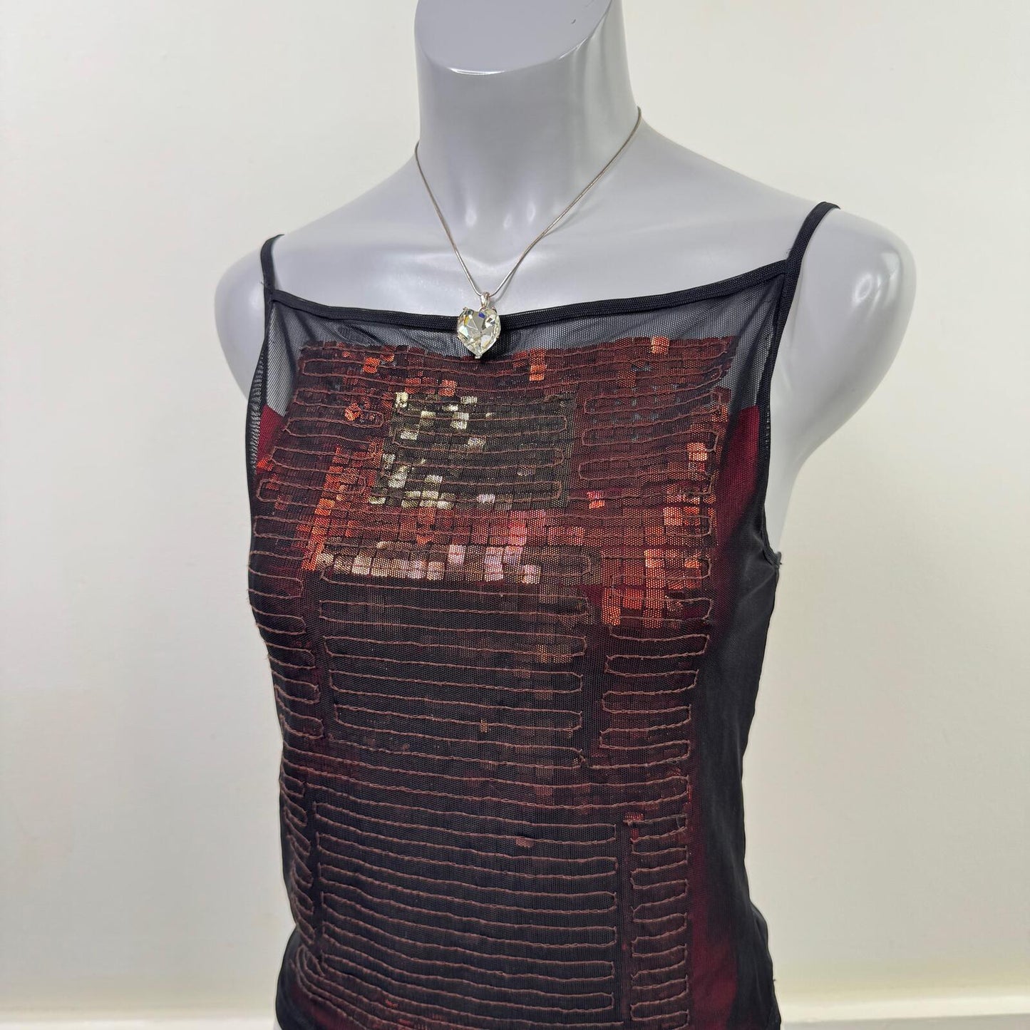 Vintage 90s Karen Millen cami top sequin double layer mesh high neck party