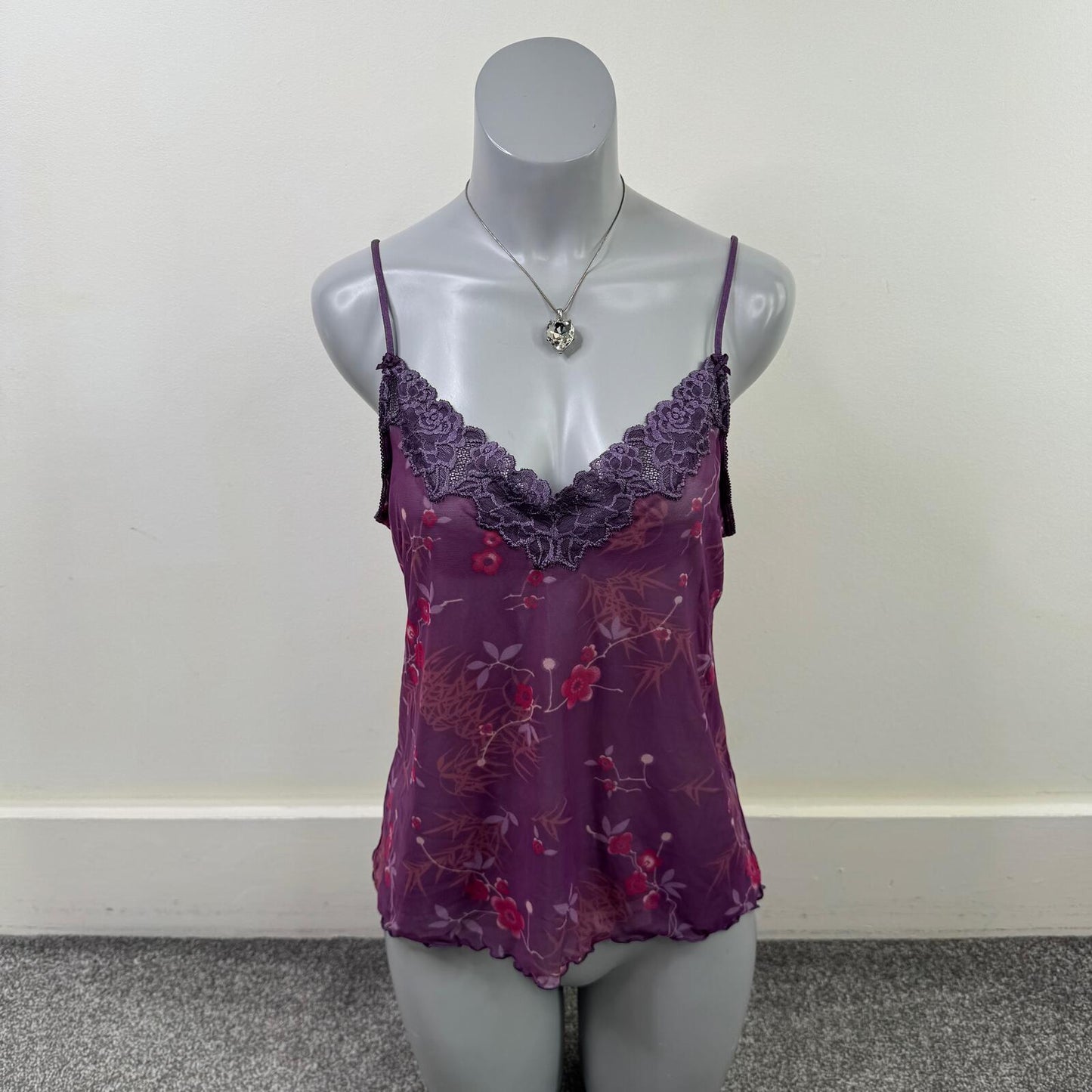 Y2K vintage cami top mesh floral sheer stretchy lace trim lettuce hem purple