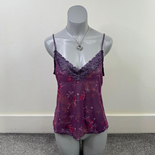 Y2K vintage cami top mesh floral sheer stretchy lace trim lettuce hem purple