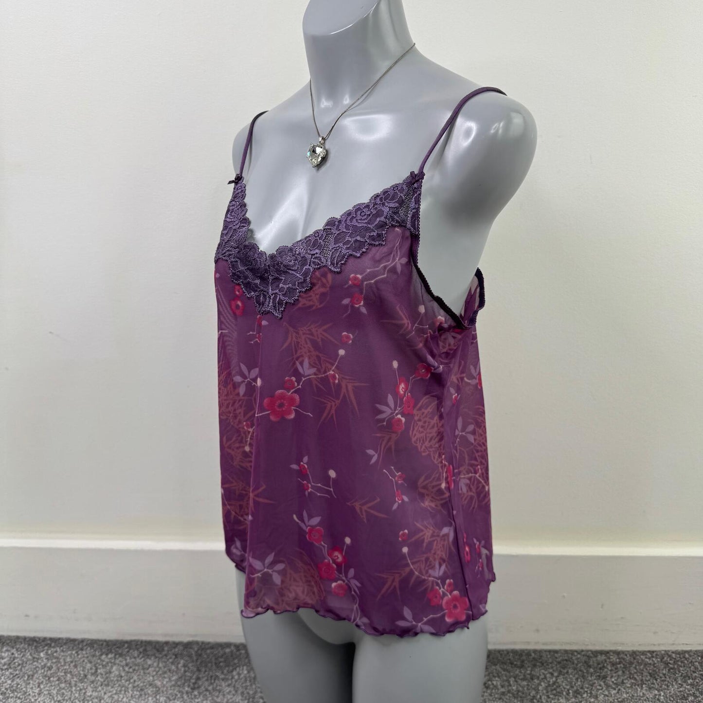 Y2K vintage cami top mesh floral sheer stretchy lace trim lettuce hem purple