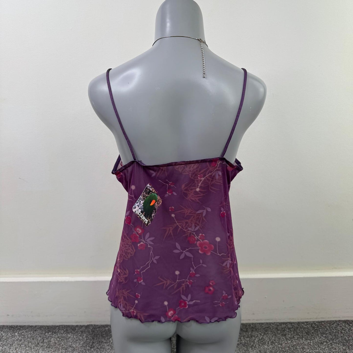 Y2K vintage cami top mesh floral sheer stretchy lace trim lettuce hem purple