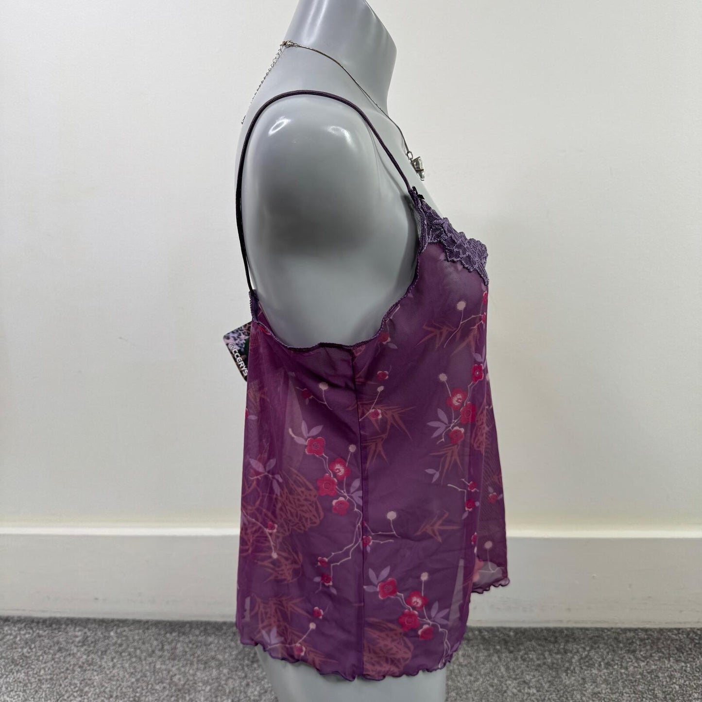 Y2K vintage cami top mesh floral sheer stretchy lace trim lettuce hem purple