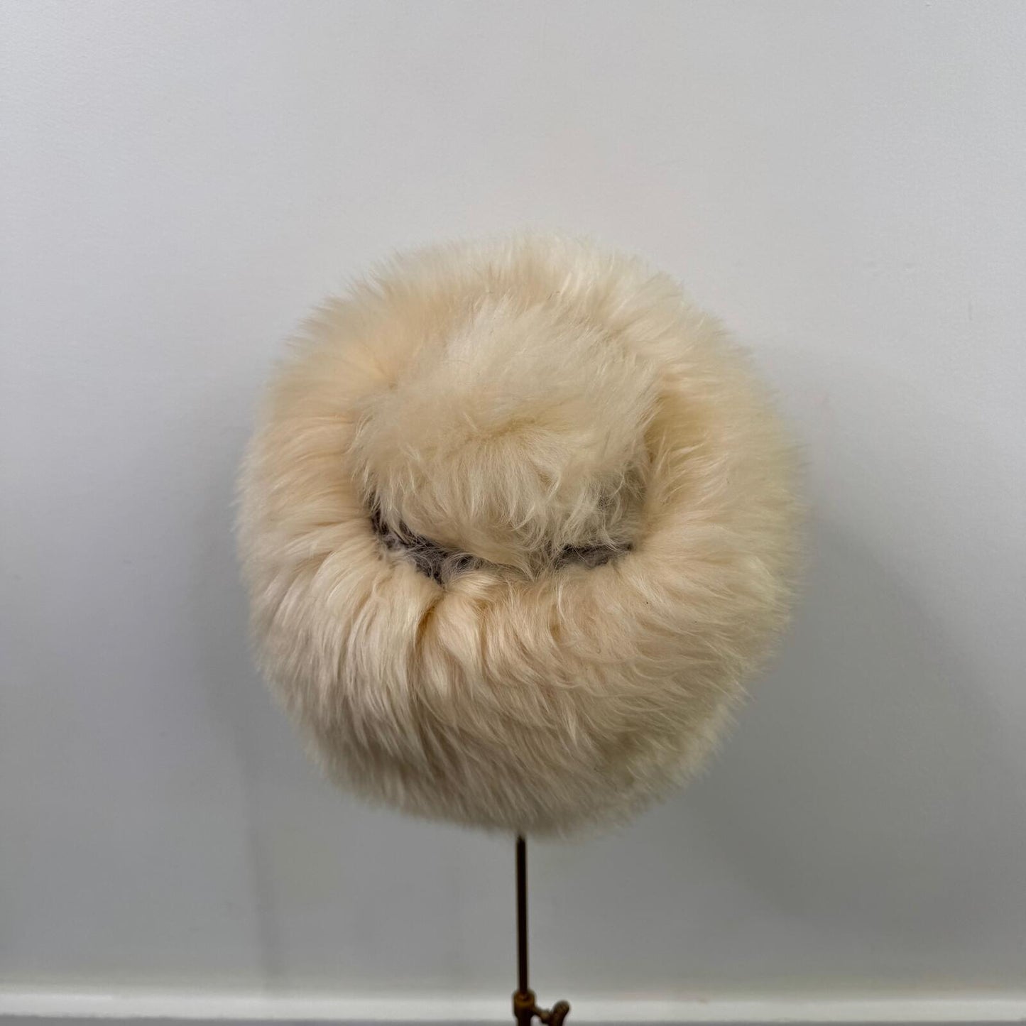 True vintage beret hat sheepskin fur wool bobble cream satin lined