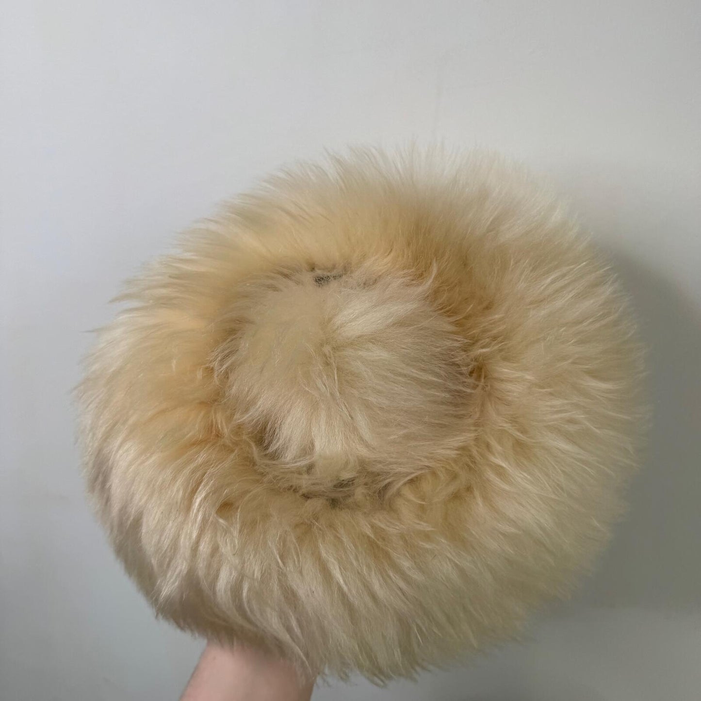 True vintage beret hat sheepskin fur wool bobble cream satin lined