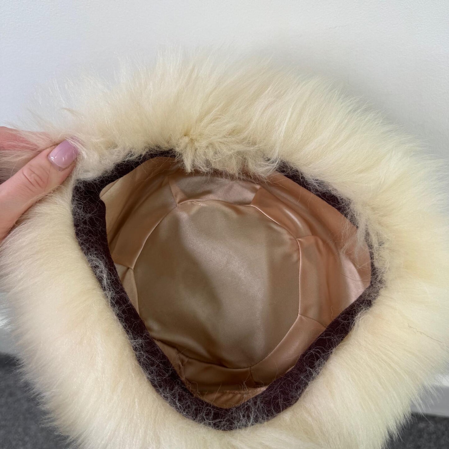 True vintage beret hat sheepskin fur wool bobble cream satin lined