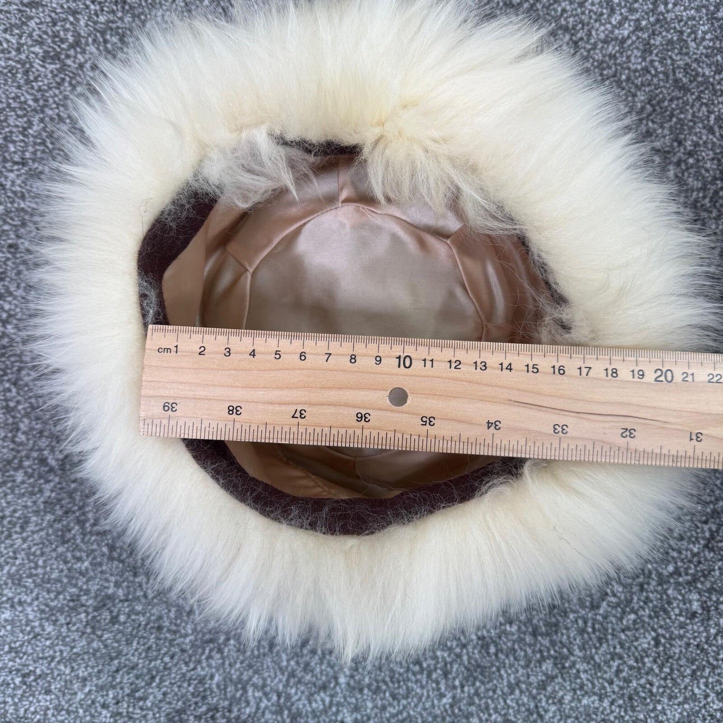 True vintage beret hat sheepskin fur wool bobble cream satin lined