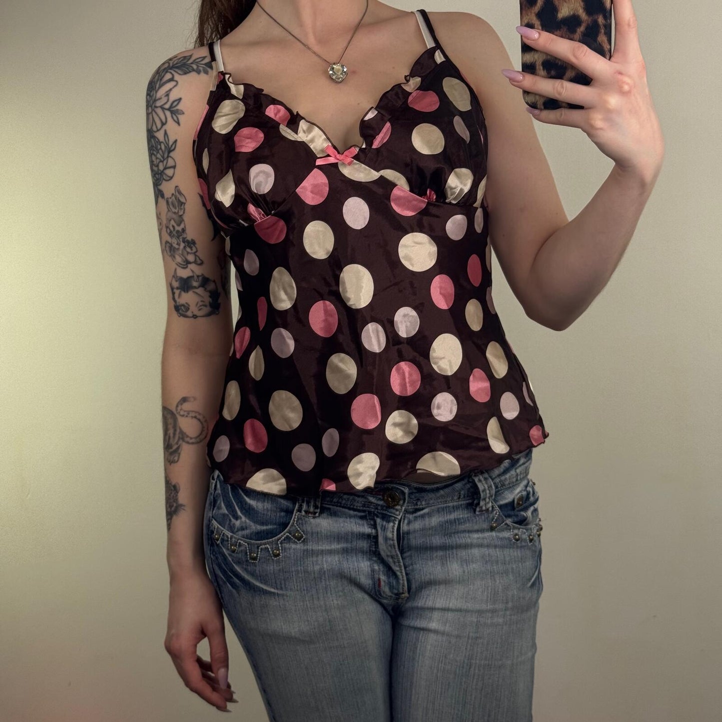Y2K vintage cami top polka dot spotty bow brown pink v neck strappy satin