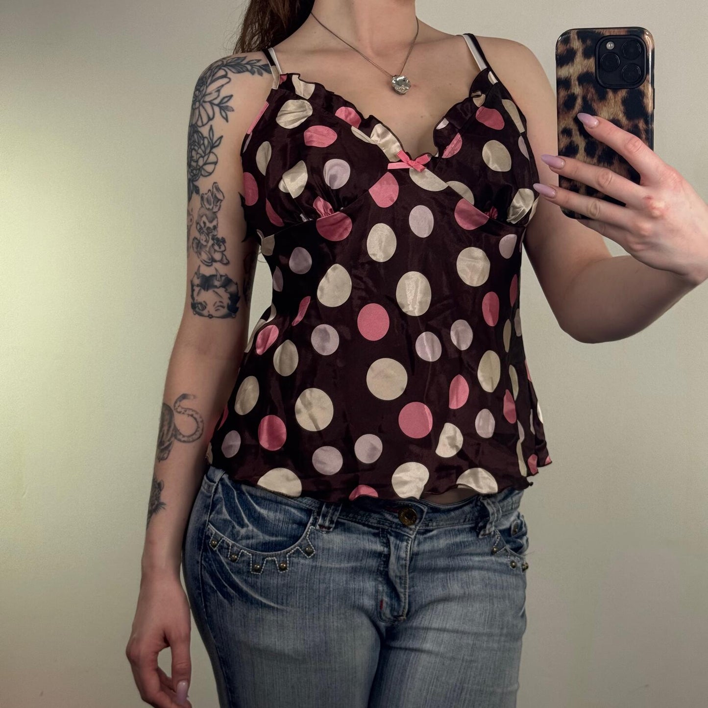 Y2K vintage cami top polka dot spotty bow brown pink v neck strappy satin