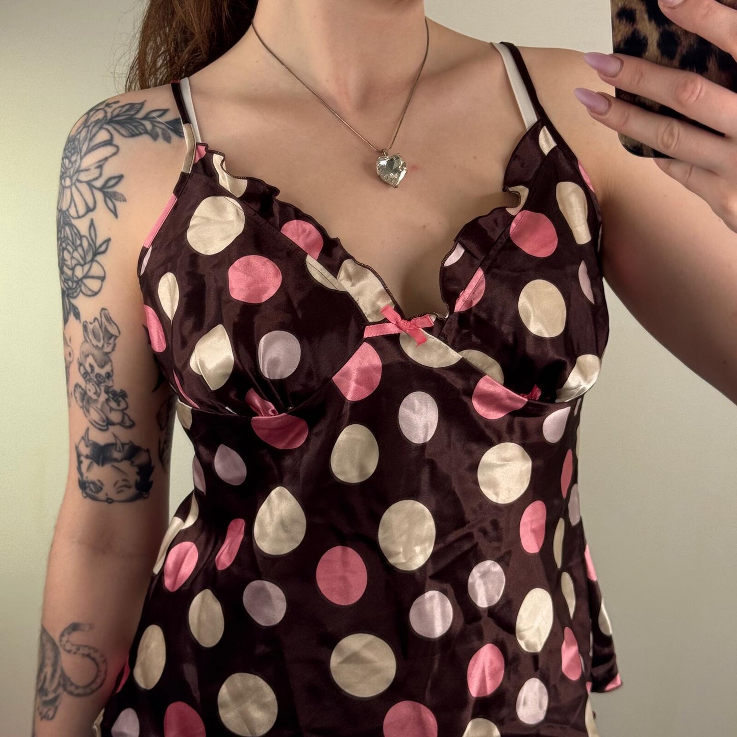 Y2K vintage cami top polka dot spotty bow brown pink v neck strappy satin