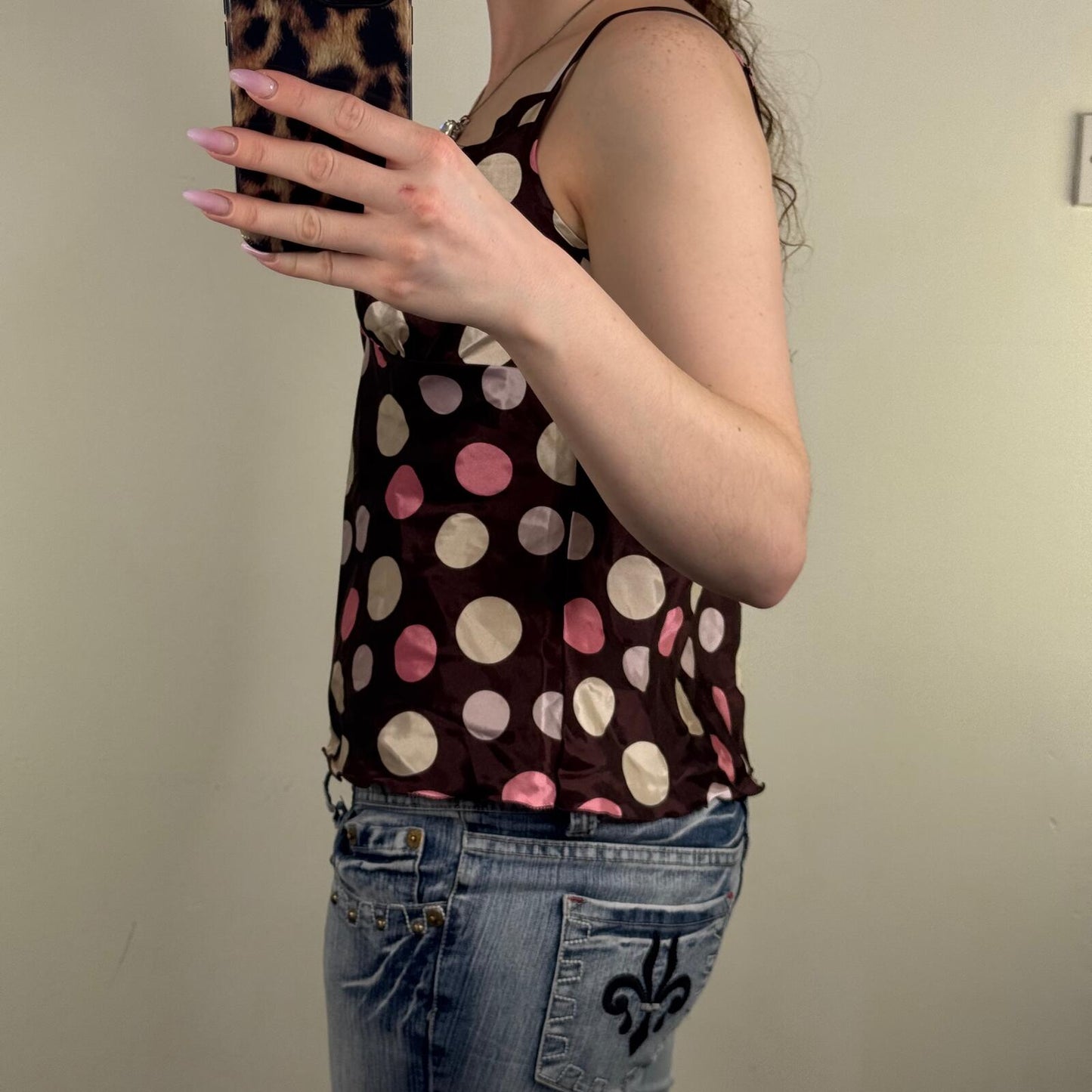 Y2K vintage cami top polka dot spotty bow brown pink v neck strappy satin