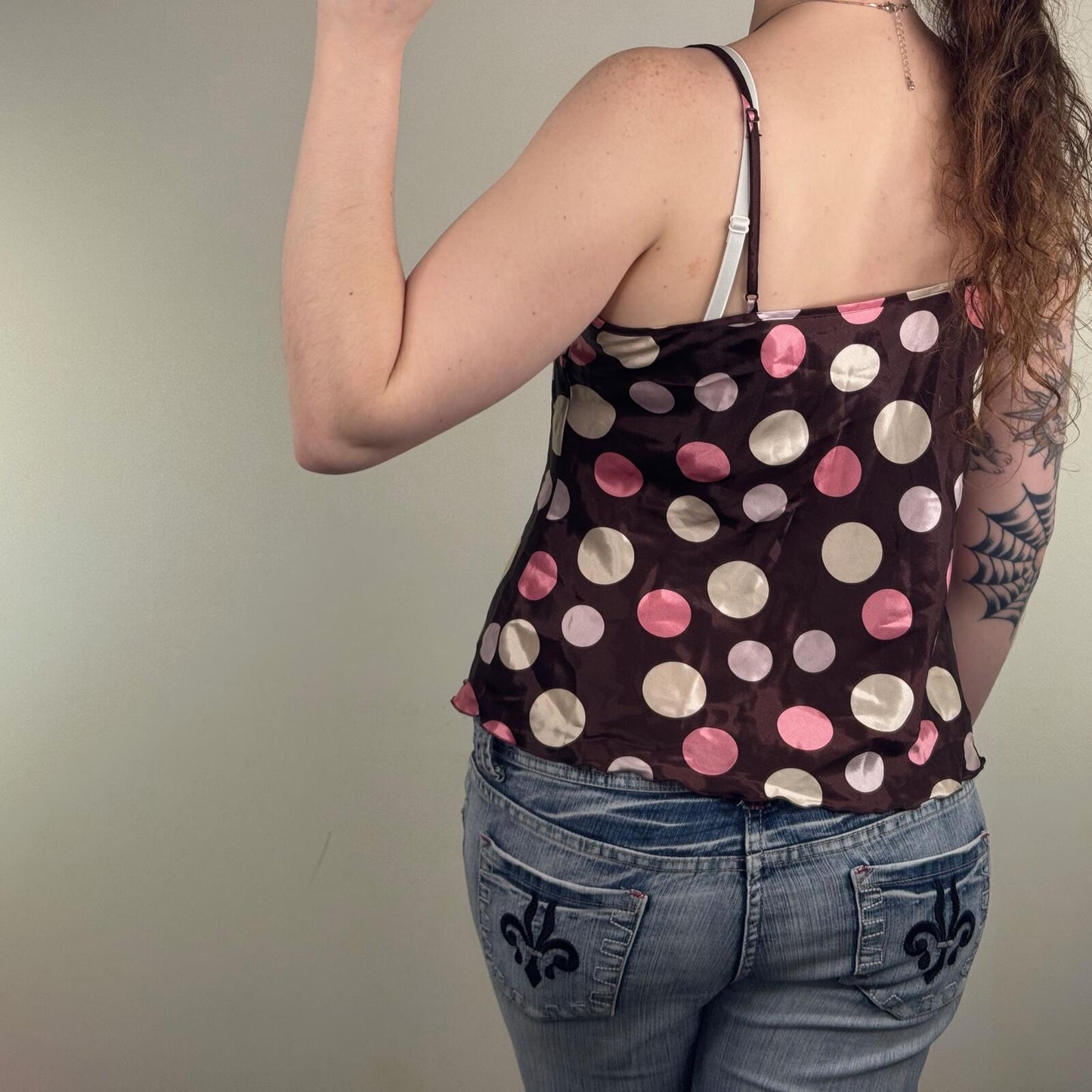 Y2K vintage cami top polka dot spotty bow brown pink v neck strappy satin