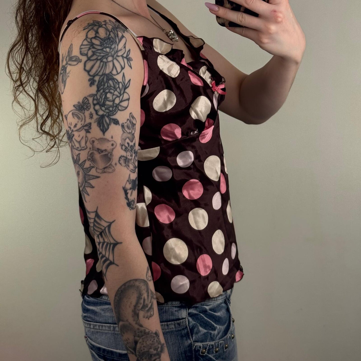 Y2K vintage cami top polka dot spotty bow brown pink v neck strappy satin