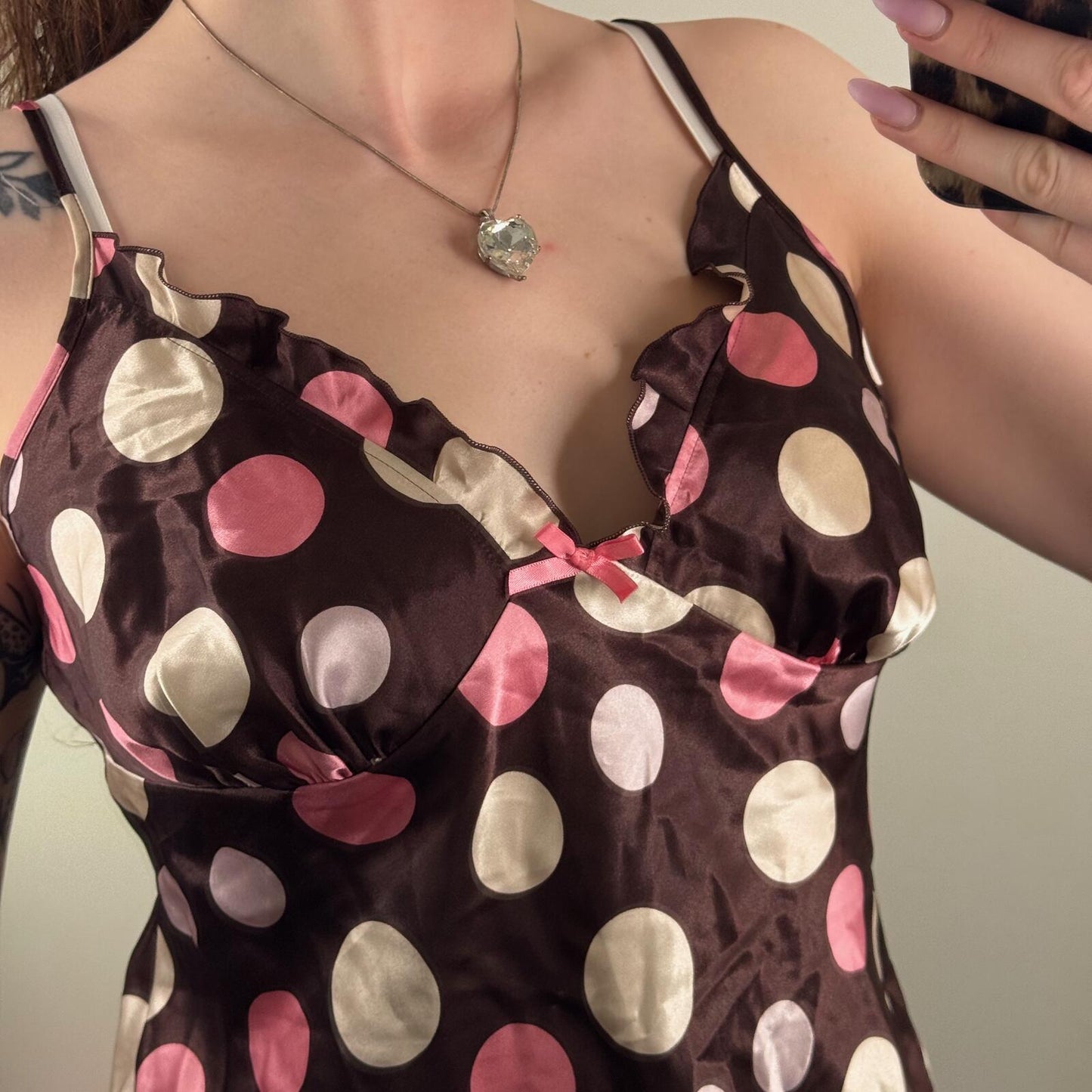Y2K vintage cami top polka dot spotty bow brown pink v neck strappy satin