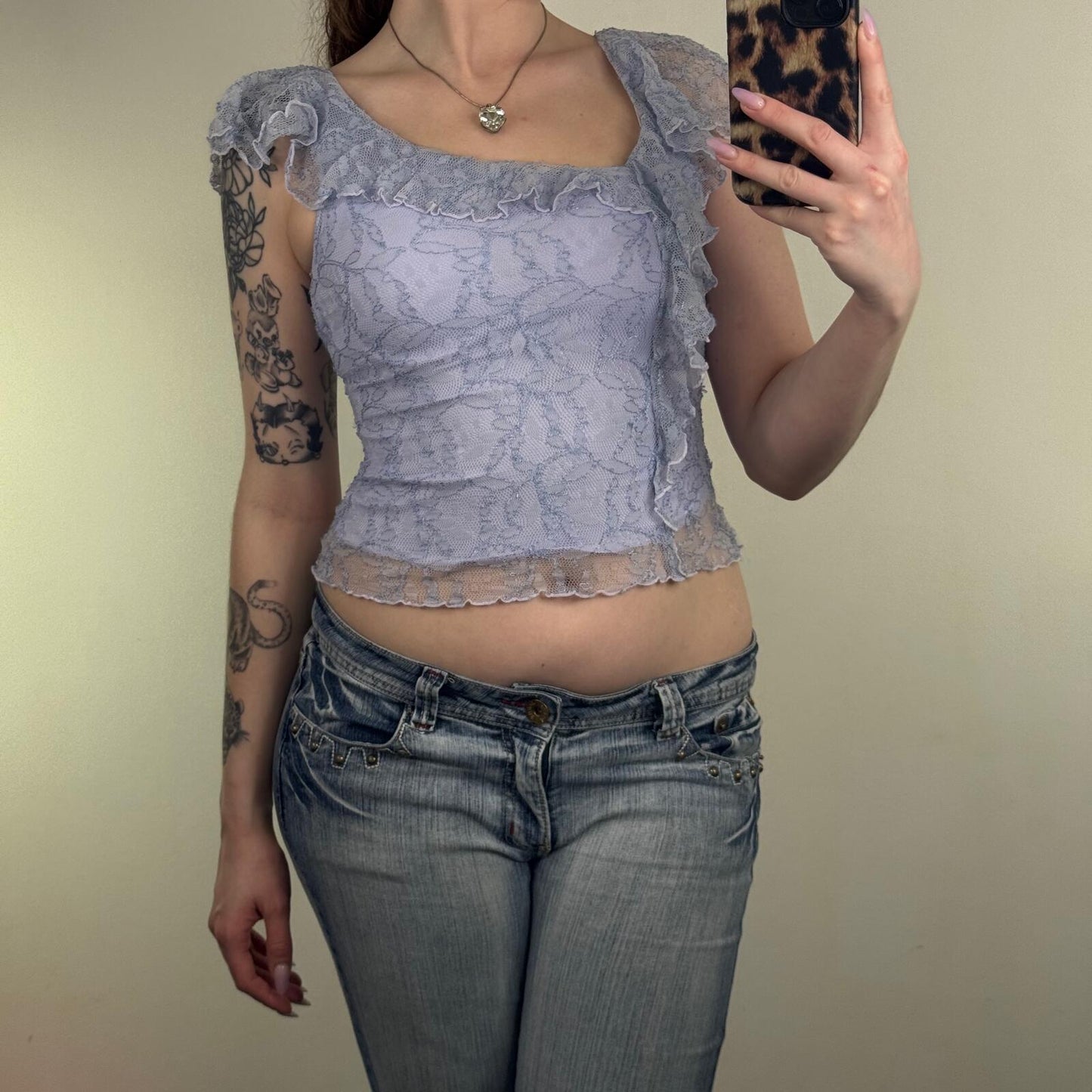 Y2K vintage tank top lace ruffle frill cropped double layer lace asymmetrical