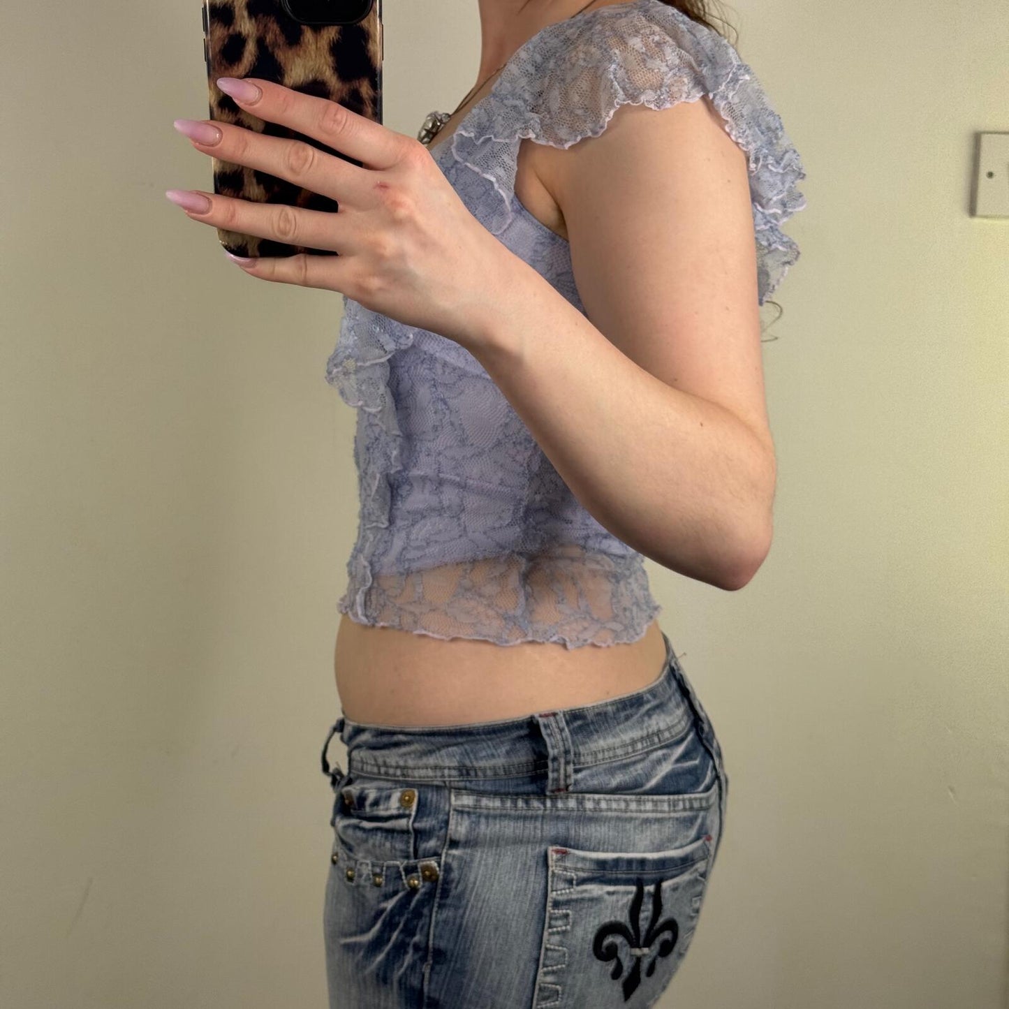 Y2K vintage tank top lace ruffle frill cropped double layer lace asymmetrical