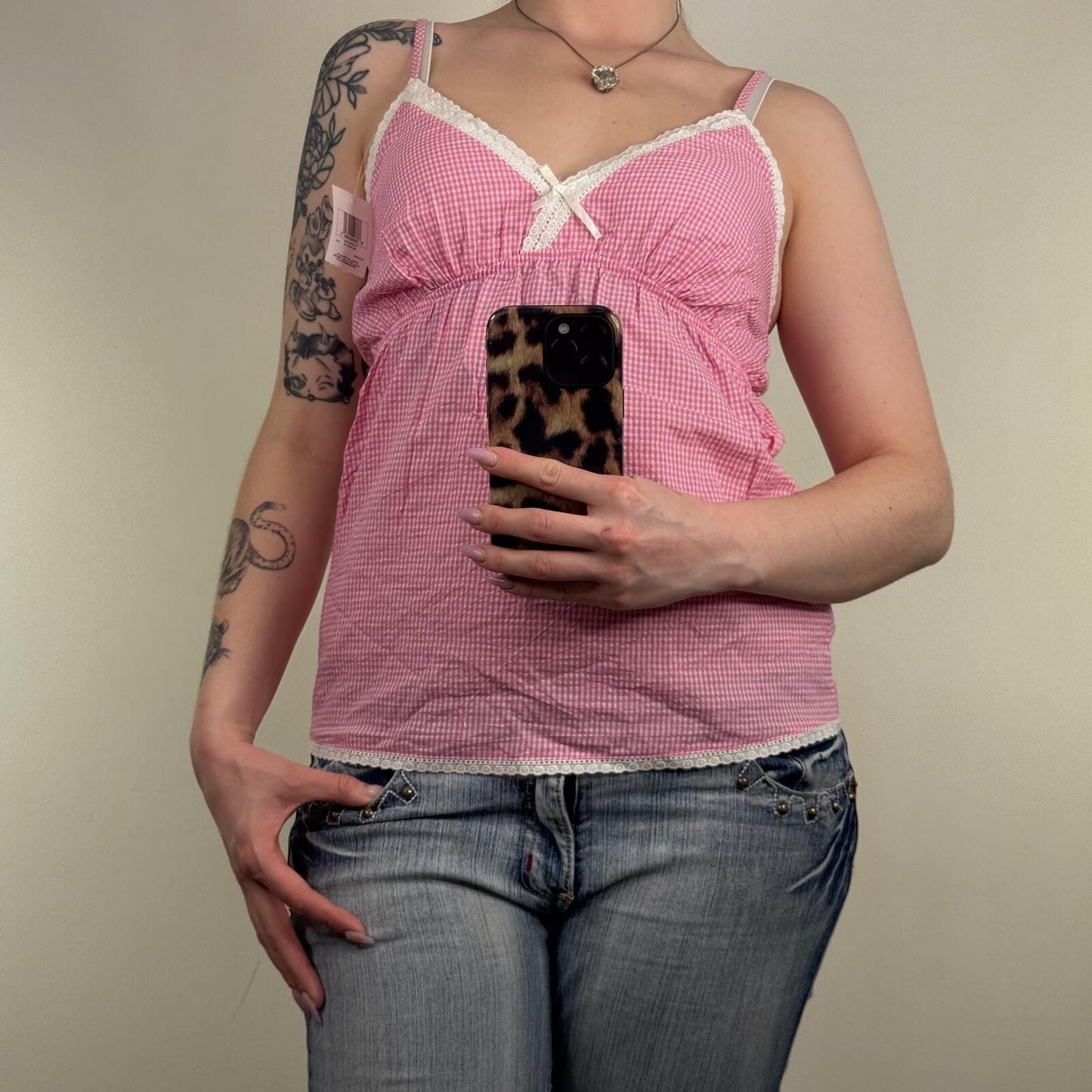 Y2K vintage cami top gingham pink white bow v neck coquette summer lightweight