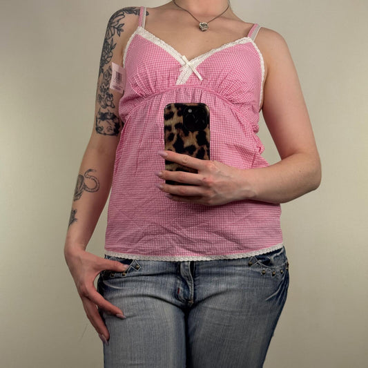 Y2K vintage cami top gingham pink white bow v neck coquette summer lightweight