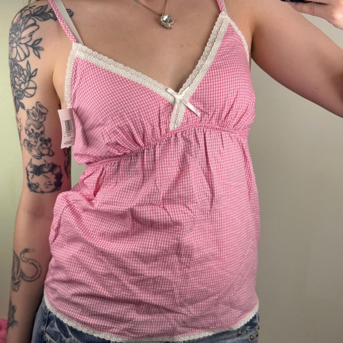 Y2K vintage cami top gingham pink white bow v neck coquette summer lightweight