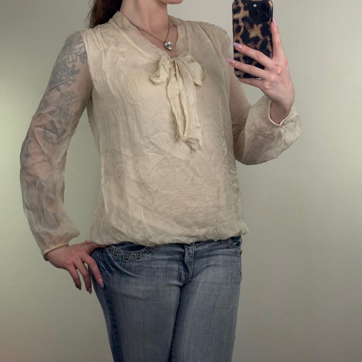 Y2K vintage silk blouse bow sheer long sleeve peplum bubble hem cuff cream shirt