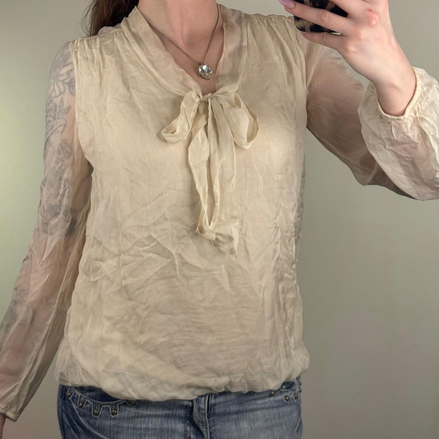 Y2K vintage silk blouse bow sheer long sleeve peplum bubble hem cuff cream shirt