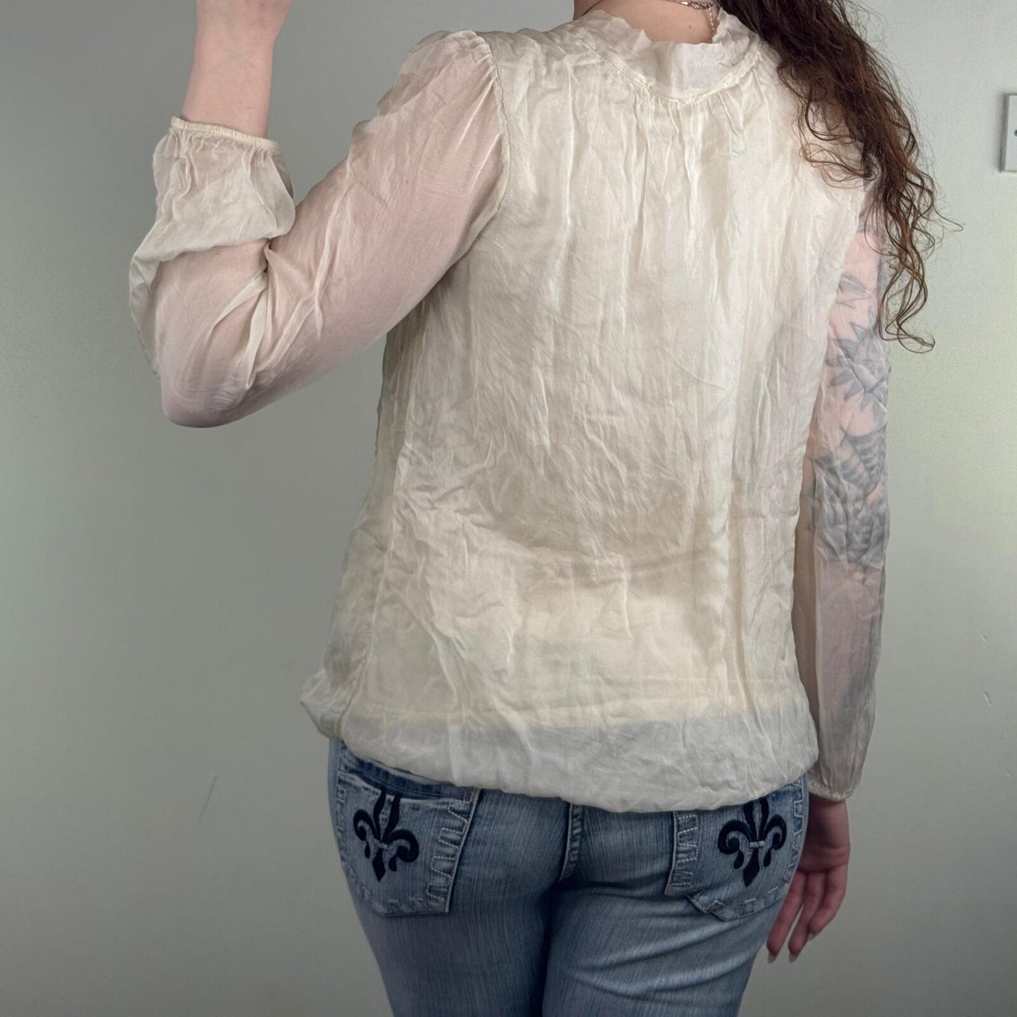 Y2K vintage silk blouse bow sheer long sleeve peplum bubble hem cuff cream shirt