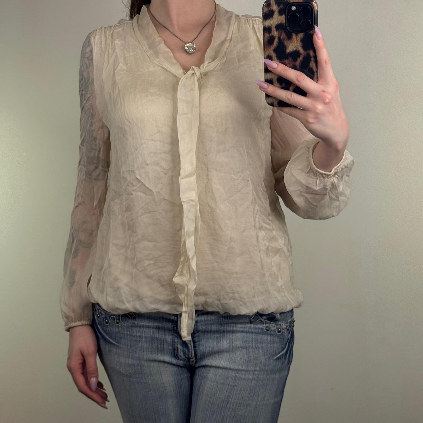 Y2K vintage silk blouse bow sheer long sleeve peplum bubble hem cuff cream shirt