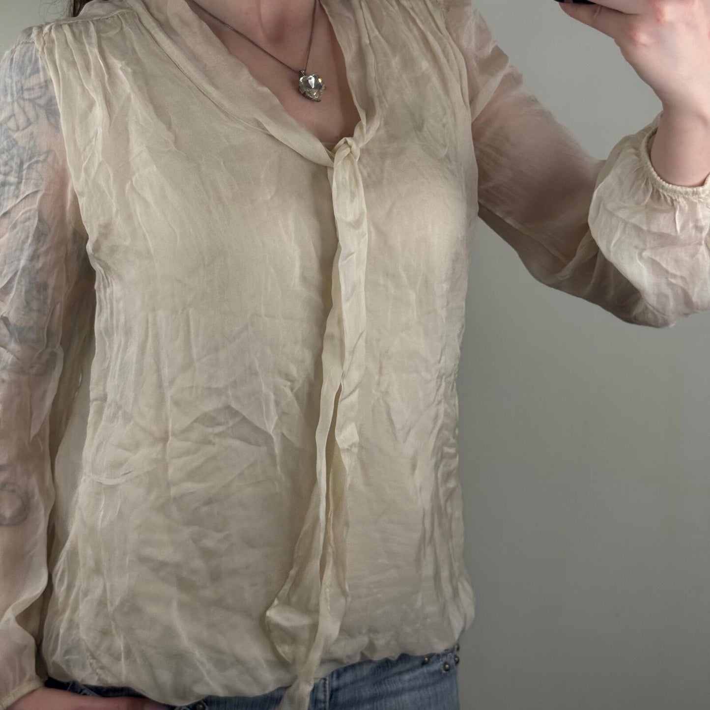 Y2K vintage silk blouse bow sheer long sleeve peplum bubble hem cuff cream shirt