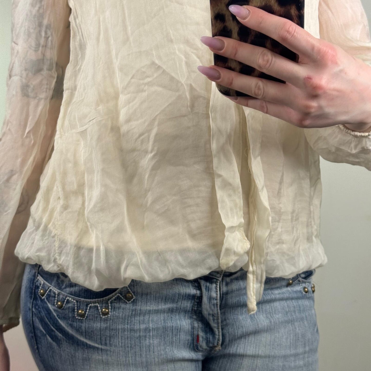 Y2K vintage silk blouse bow sheer long sleeve peplum bubble hem cuff cream shirt