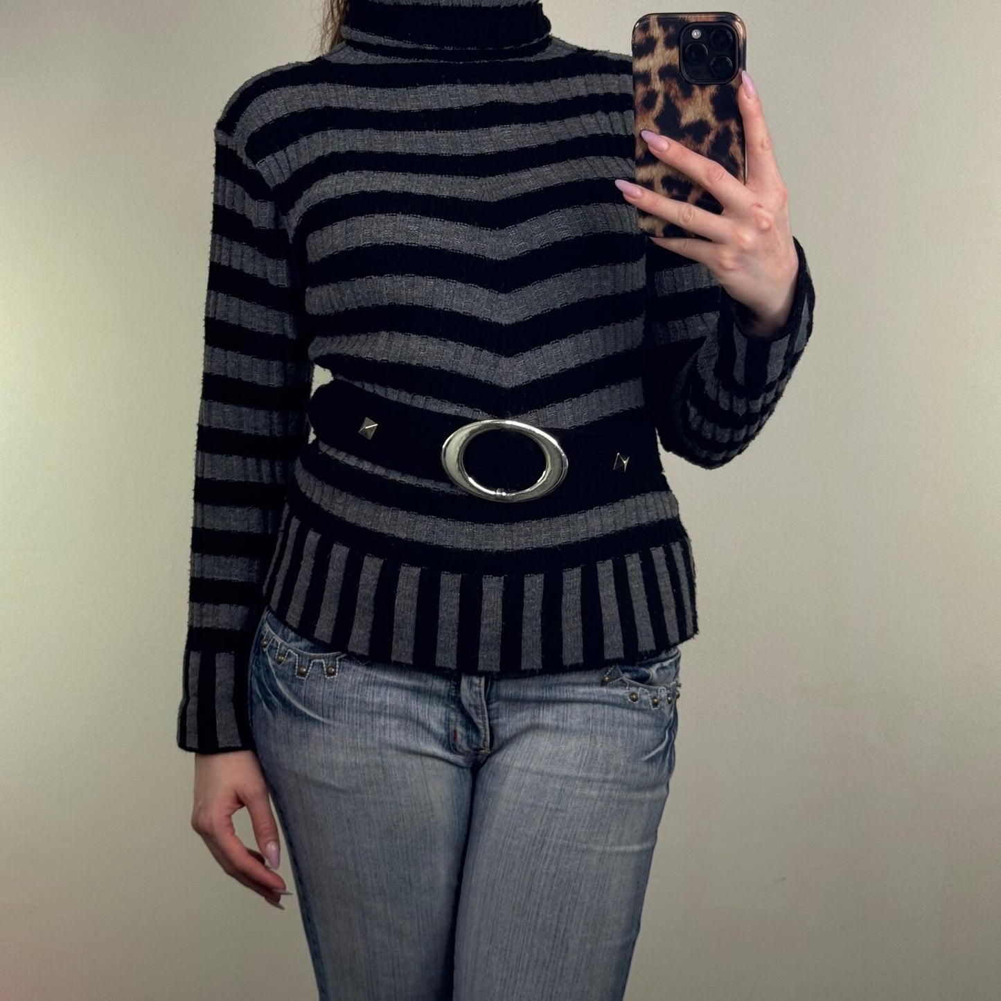 Y2K vintage knit jumper stripe turtle roll neck grey black buckle chunky knitted