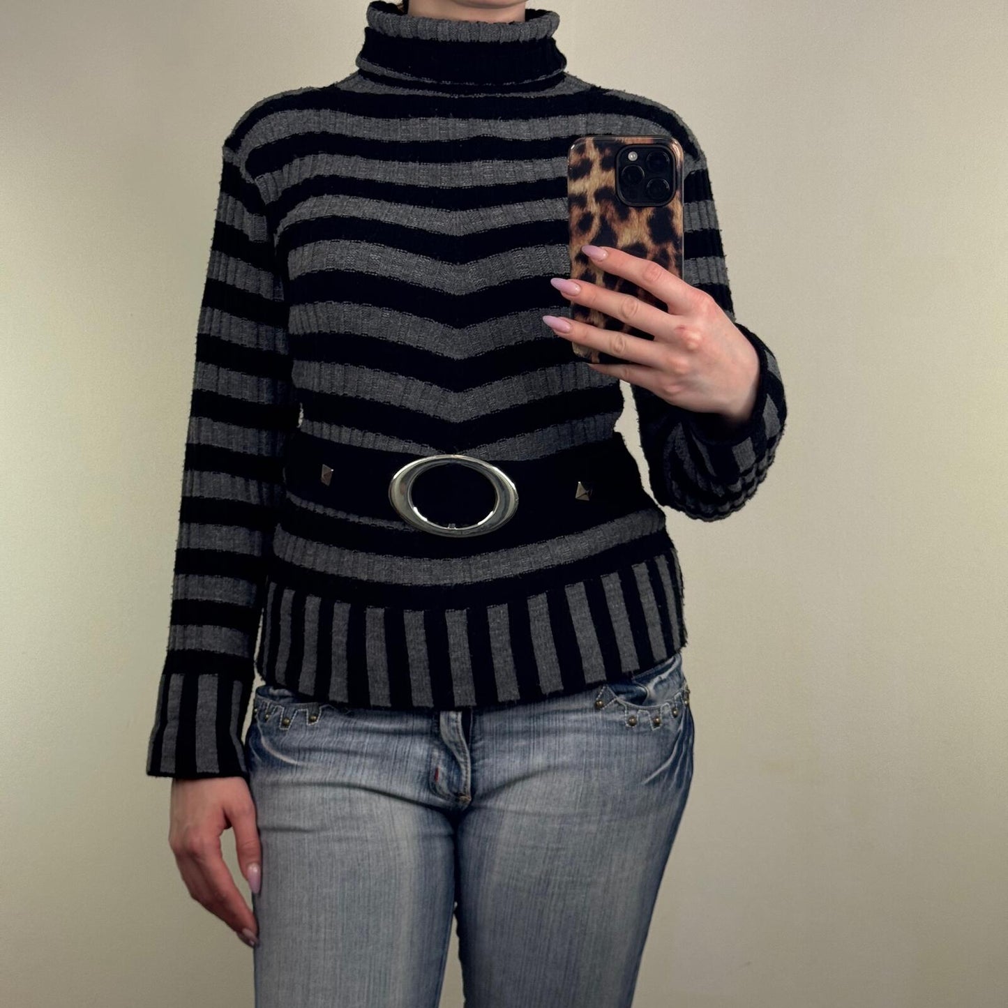 Y2K vintage knit jumper stripe turtle roll neck grey black buckle chunky knitted