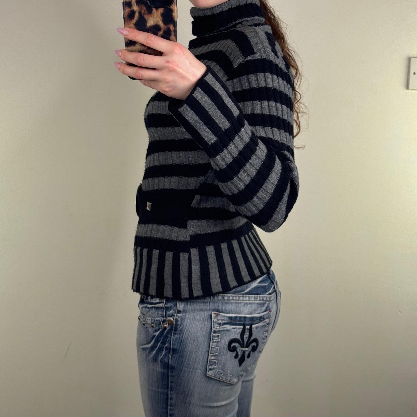 Y2K vintage knit jumper stripe turtle roll neck grey black buckle chunky knitted