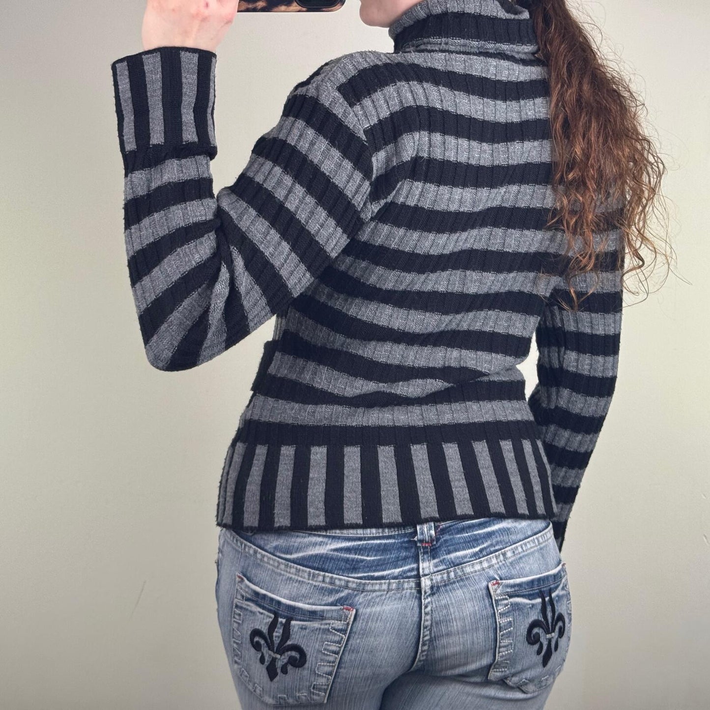 Y2K vintage knit jumper stripe turtle roll neck grey black buckle chunky knitted
