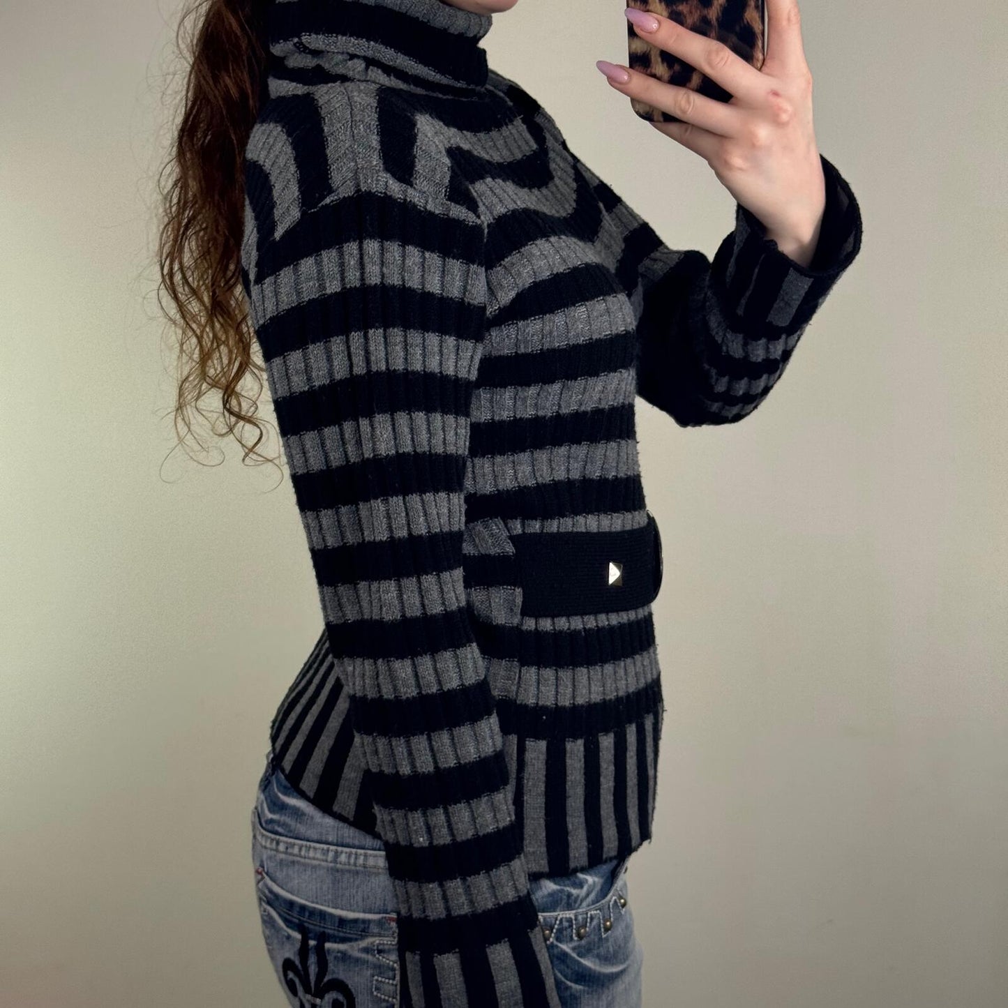 Y2K vintage knit jumper stripe turtle roll neck grey black buckle chunky knitted