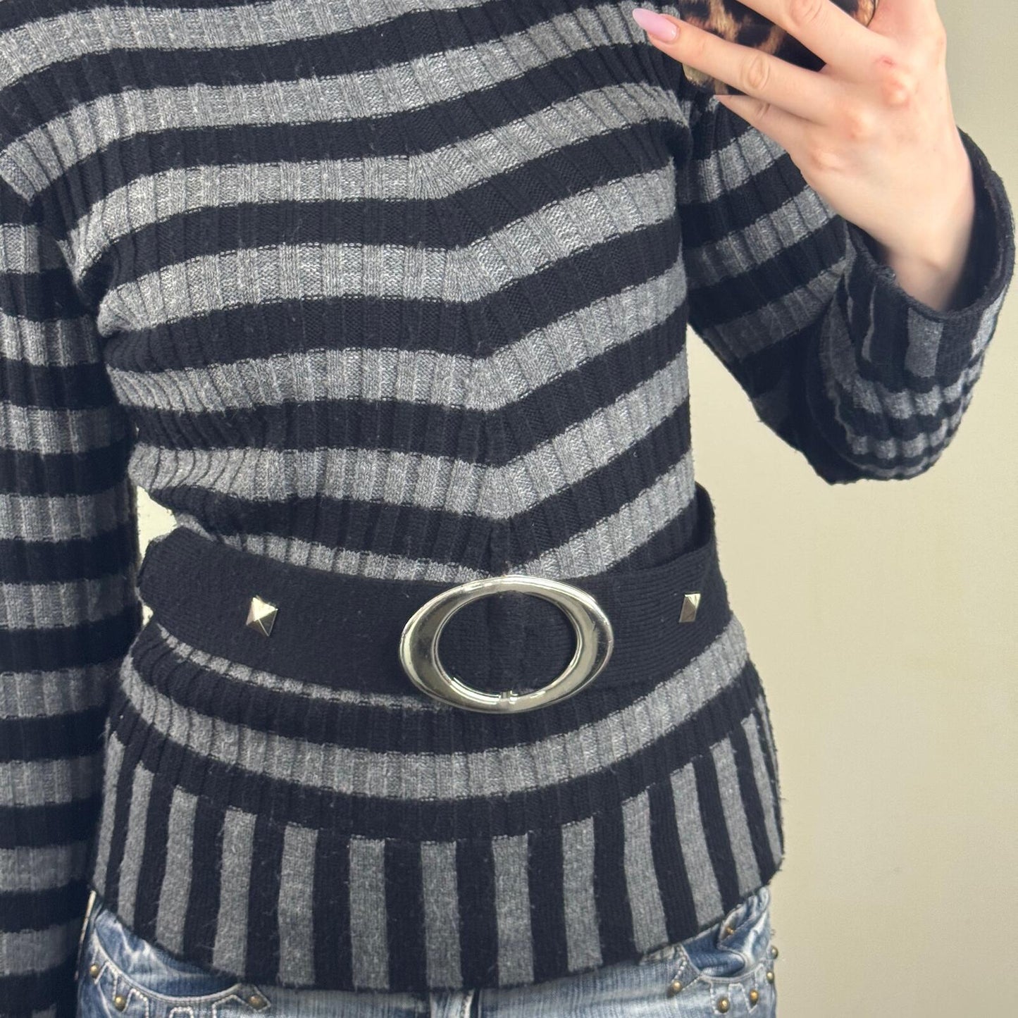 Y2K vintage knit jumper stripe turtle roll neck grey black buckle chunky knitted