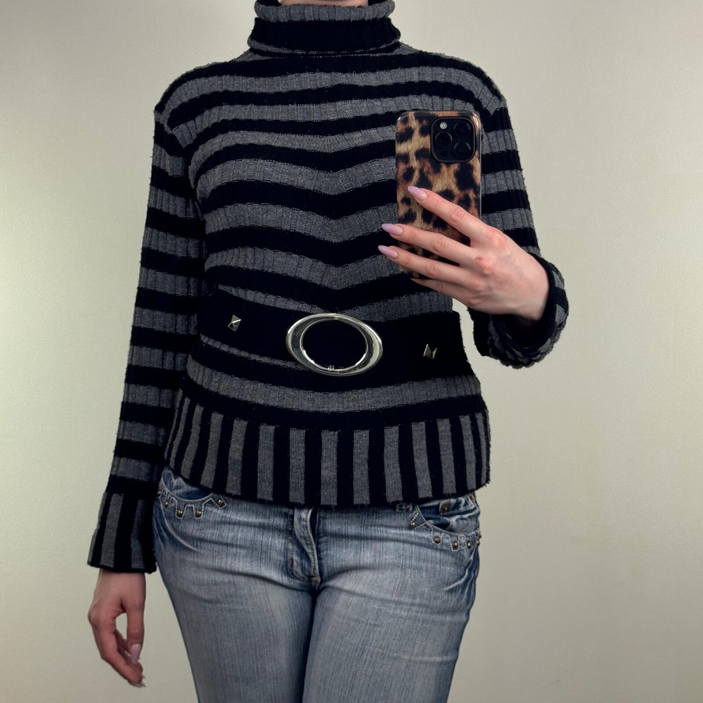 Y2K vintage knit jumper stripe turtle roll neck grey black buckle chunky knitted
