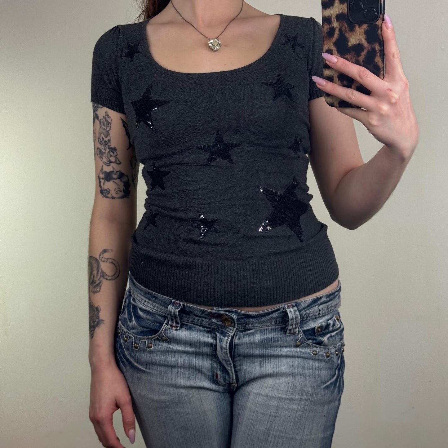 Y2K vintage knit short sleeve top sequin star round neck fitted tight black grey