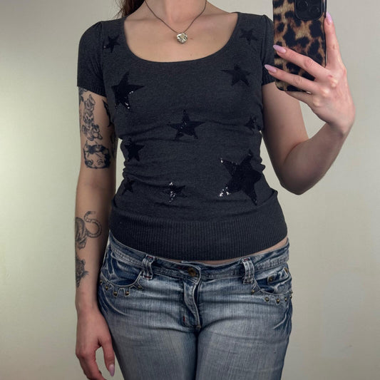 Y2K vintage knit short sleeve top sequin star round neck fitted tight black grey